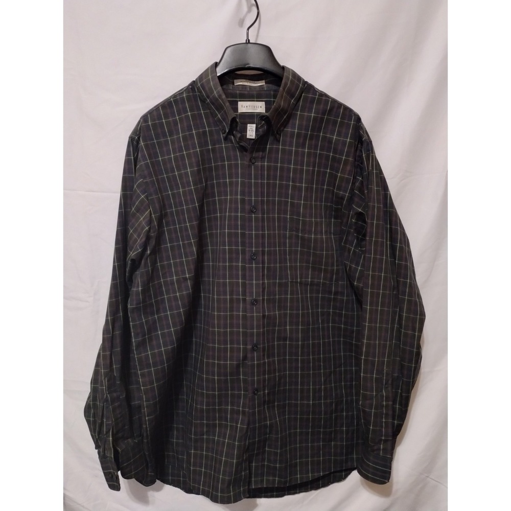 Van Heusen Men's L Plaid Long Sleeve Button-Up Shirt Button-Down Collar Cotton